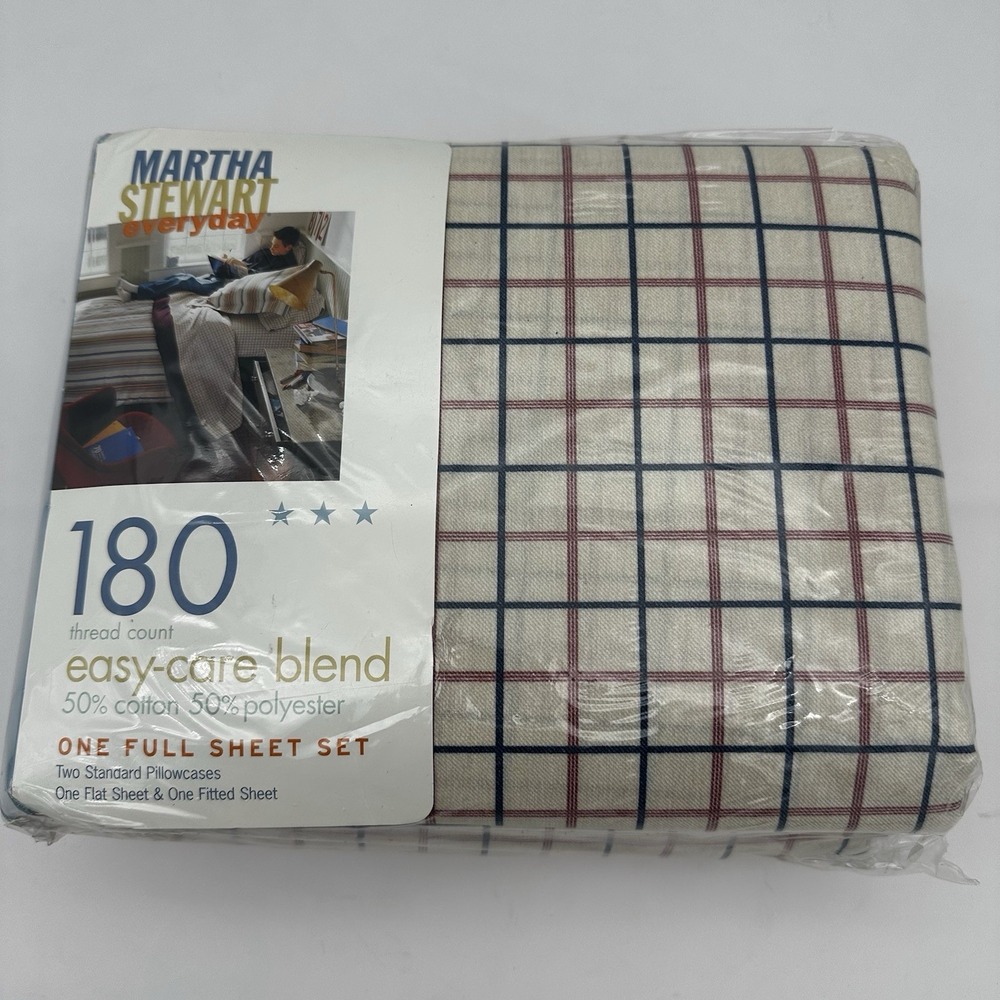 Vtg Martha Stewart Everyday Full Sheet Set 230 TC Plaid Blue Red 2001 NEW